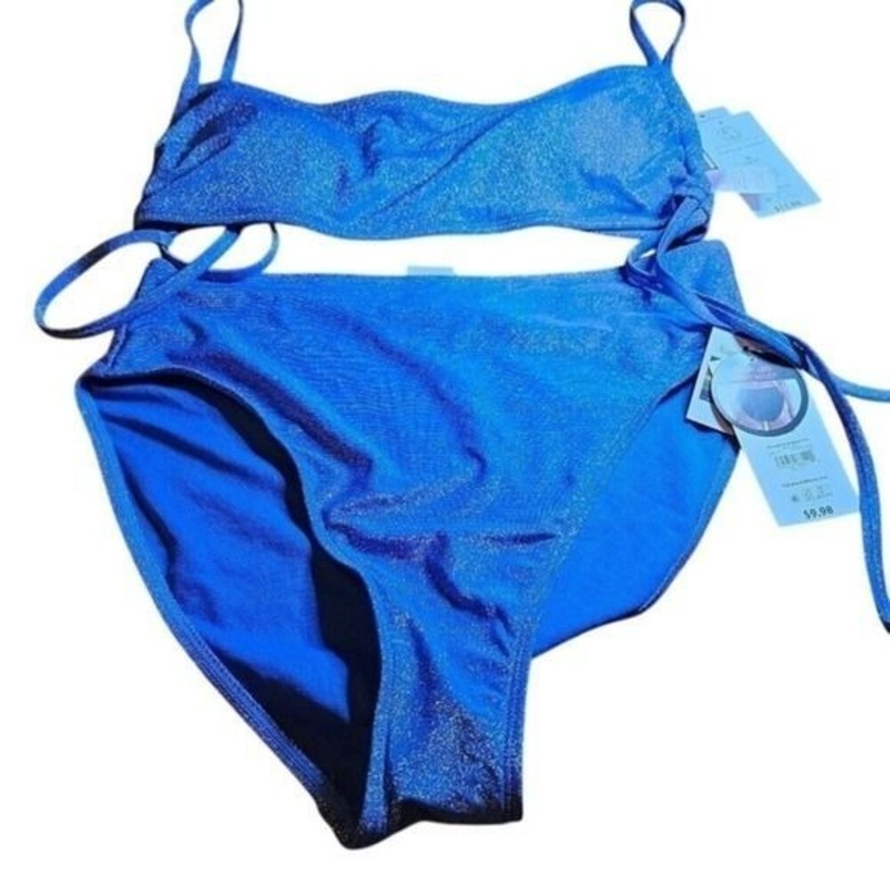 No Boundaries Bikini Set Womens XL Blue Metallic High Waist High Leg Shimmer New